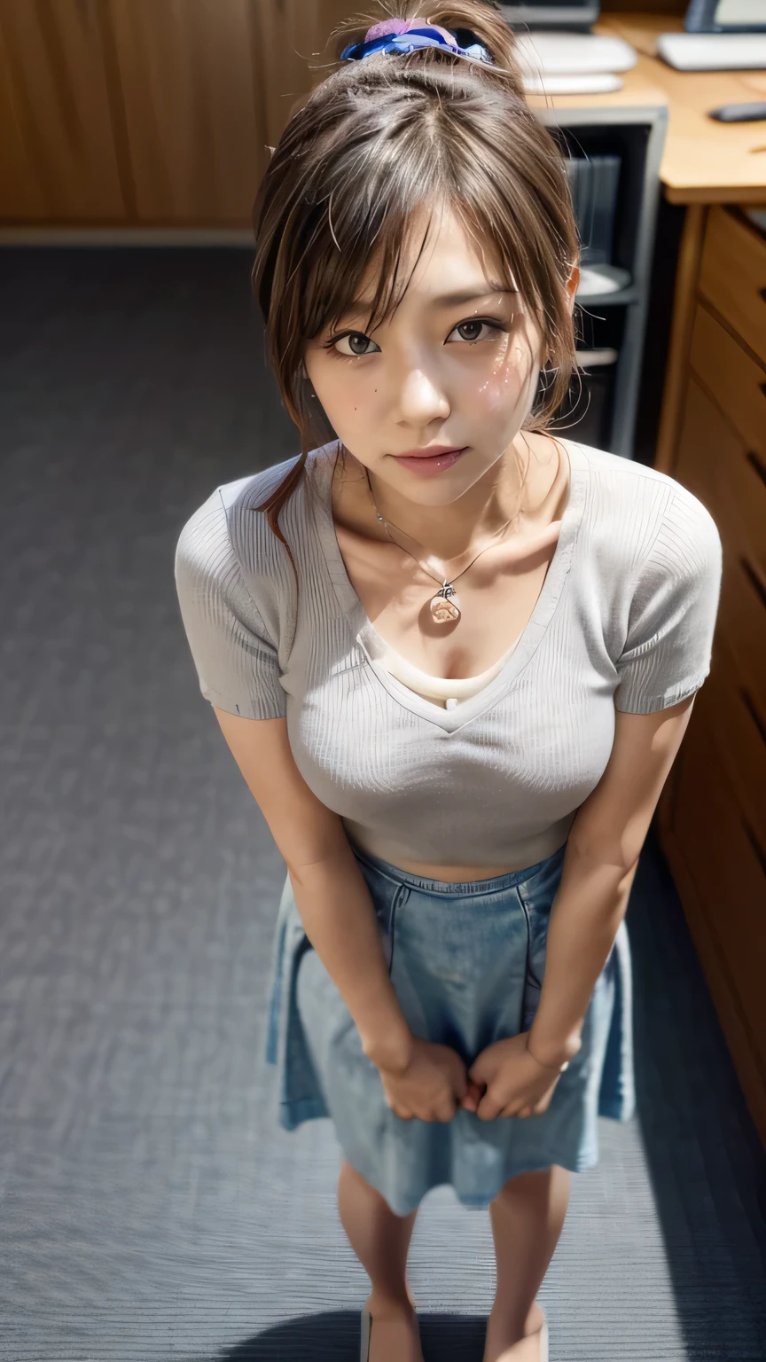 (Woman standing hunched in office:1.3、work)、(Realistic、Like a photograph、Live Action、8k, Realistic, RAW Photos, Best image quality: 1.4), Single-lens reflex camera、RAW Photos, Highest quality, Realistic, Very detailed CG Unity 8k wallpaper, Written boundary depth, Cinematic Light, Lens flare, Ray Tracing, Realistic background、(V-neck short-sleeve knit:1.2、(Tight long skirt:1.5、Small breasts)、((Wear a name tag around your neck)))、((ultra high density skin))、 Japanese office lady at work、((whole body:1.5)),(目を細めてLolう、大きなLol顔、Lol)、(Medium Hair、Short Ponytail:1.3)、I like that style、stylish、Very detailed、Pay attention to the details、Perfect outfit、(Sunburned skin)、Beautiful feet:1.1,Anatomically correct body、Accurate Fingers、(View from above、View from the front)