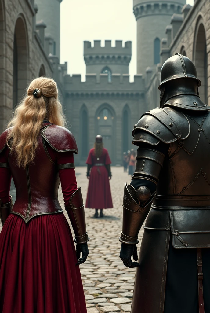man being decapitated by royal guards (in a castle courtyard) by a blonde queen (Targaryen) in red armor (image explained and far away)