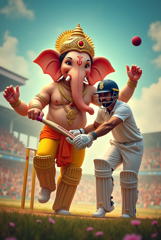 lord Ganesh and Virat Kohli playing cricket add text IRAKALGADA GAJAA coming soon text 
