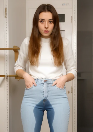 (pp clothes), young spanish woman, skinny jeans, embarrassed, cute, looking at user, peeing self, legs together