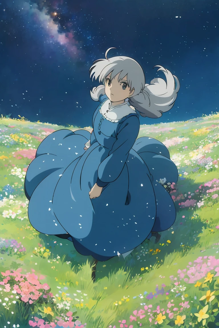 A girl on a meadow,おおぞらにまたたくstar,star,milky way,I look up and see,masterpiece,Highest quality,最高masterpiece,Detailed anime art,Digital Art,