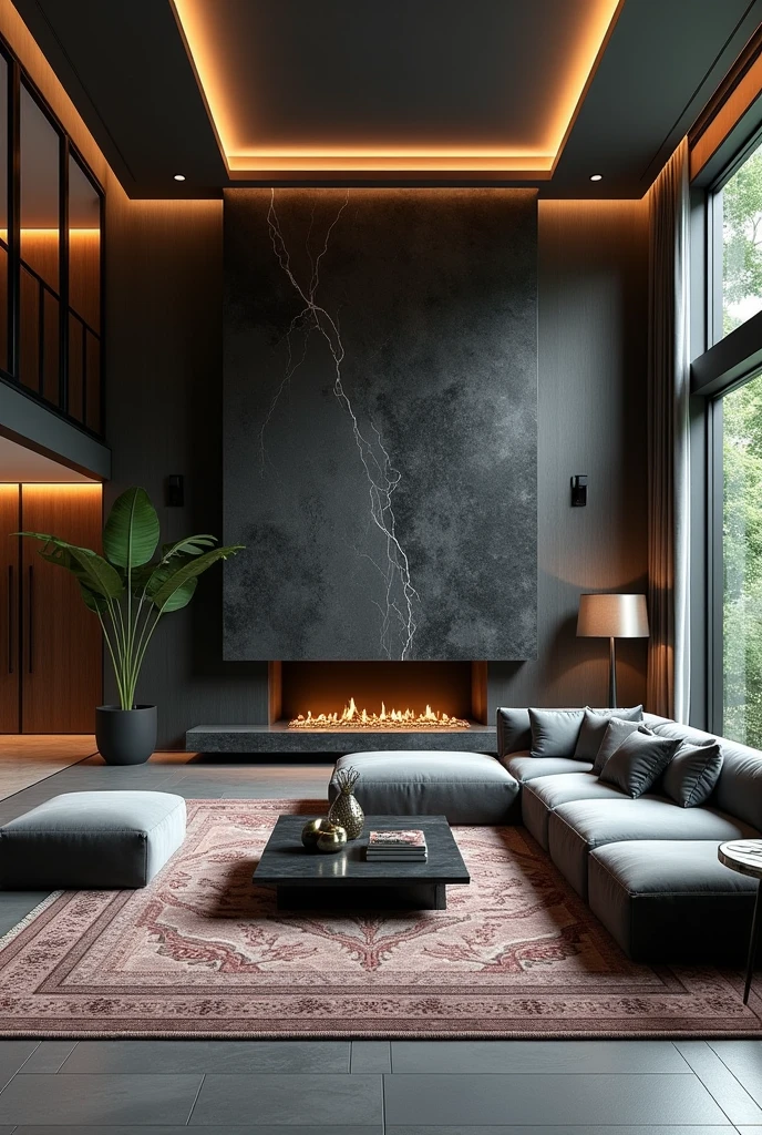 Professional 3d architecture rendering design of modern  living room with so  and very  dark  stone  floranca velvet sofa  set and medium  flouting  dark gray marble fireplace and  light gray laminate and elegant and modern accessories and modern windows and black slab stone middle table and elegant and modern  ceiling lighting and elegant accessories and elegant  dark  silk gray Persian carpet and elegant  and modern ceiling lighting and modern green space and one velvet dark mahogany  Florence 