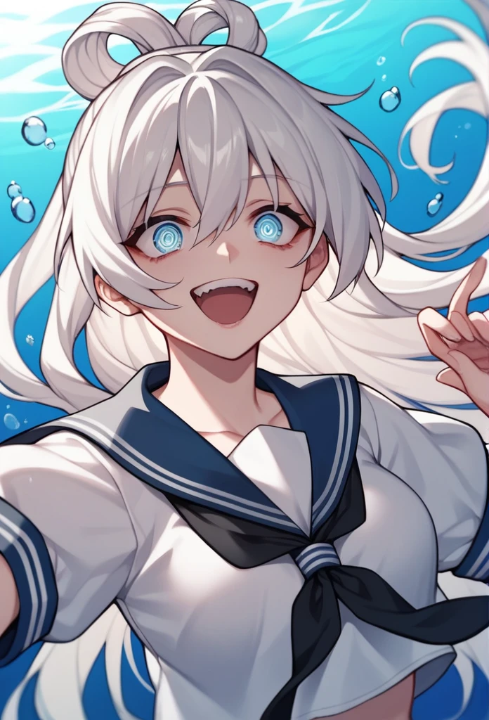 (transparent:1.3),White Seraph,Sailor Suit, White Theme,Uniforms, Sailor Suit, Looking at the audience,  crazy, Messy long hair, Beautiful and delicate eyes,Hair Glow,dramaticangle,Blue sailor collar, Perky Breasts,A faint smile,Some underwater shots...