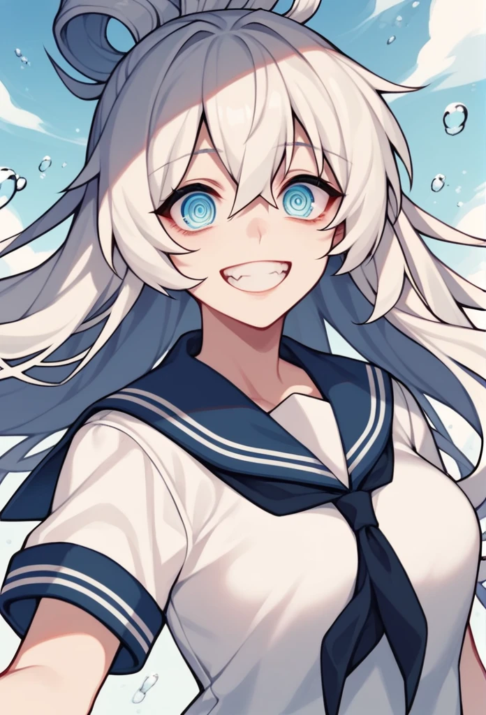 (transparent:1.3),White Seraph,Sailor Suit, White Theme,Uniforms, Sailor Suit, Looking at the audience, crazy, Messy long hair, Beautiful and delicate eyes,Hair Glow,dramaticangle,Blue sailor collar, Perky ,A faint smile,Some underwater shots...