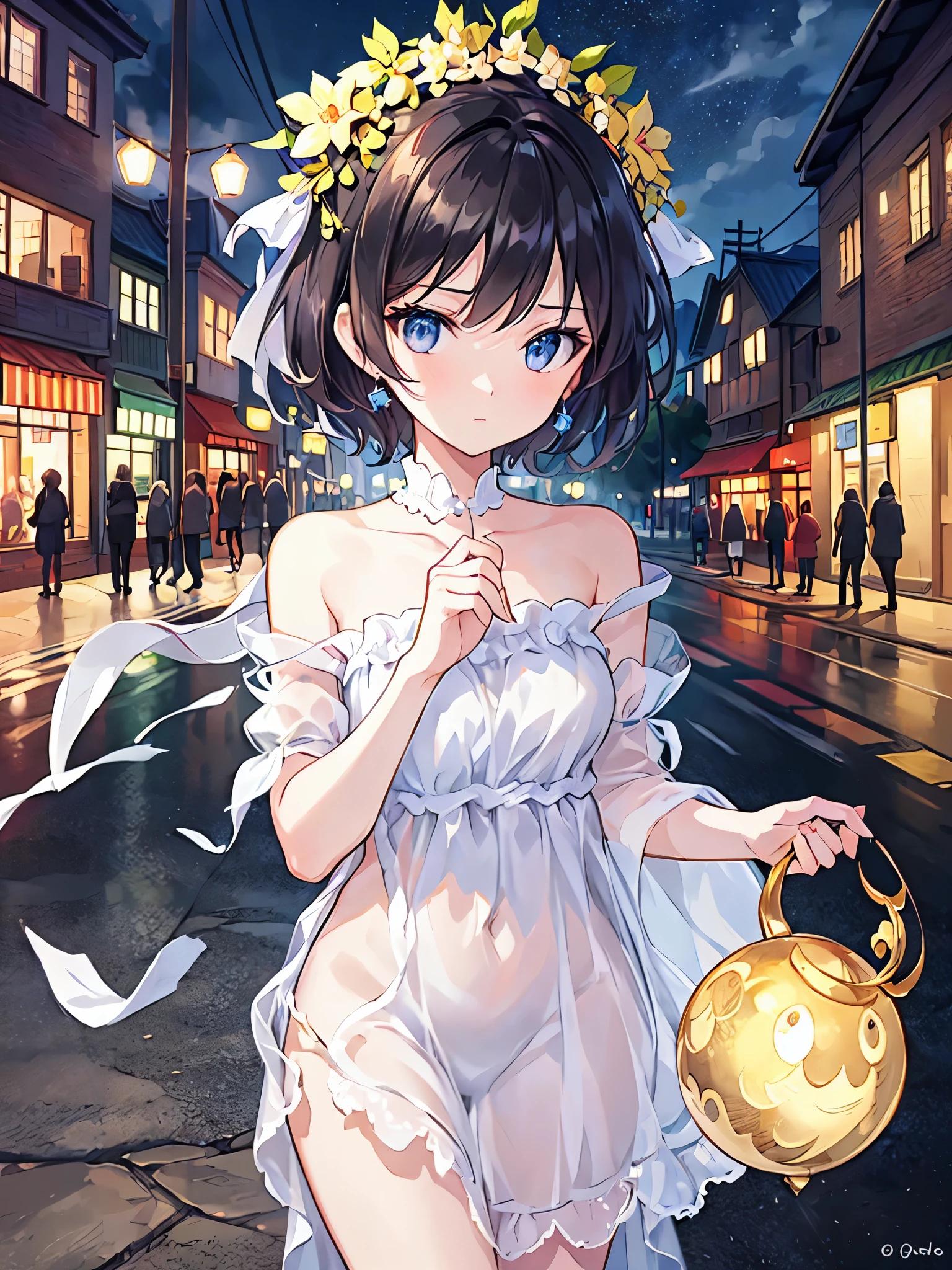 (Half Body Shot,Street lamp,moon),masterpiece, One girl, Solo Exhibitions, Beautiful woman on a busy street, Surrounded by peddlers, Beautiful Goddess Girl Portrait, Beautiful and elaborate face, Porcelain-like skin, (((Bust Shot, center, night, Black Hair, short hair)), Very soft lighting, Symmetric, complicated, Elegant, Attention to detail, realism, art, concept art,