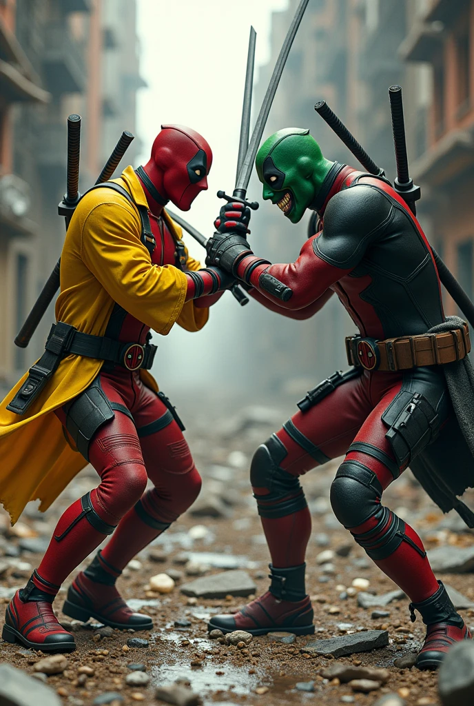 Um Deadpool, nor the mask, fighting with two katanas in a destroyed place.