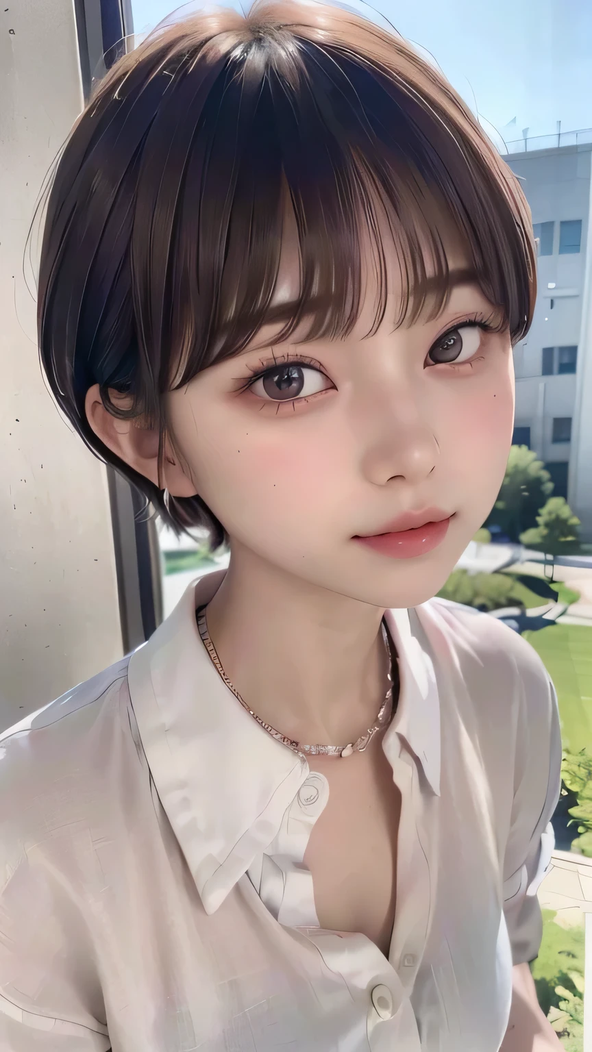 (Highest quality:1.3)、(masterpiece:1.4)、RAW Photos、8k、((Best image quality))、 ((High resolution))、Beautiful face in every detail、Realistic human skin、Gentle expression、(Cute natural anime face)、(One Woman:1.3)、Realistic、Realistic、short hair、(Beautiful woman)、((Cool Japan Girl))、(boyish:1.5)、mannish、((Beautiful woman))、(Beautiful Hair)、((Dark brown hair))、(blush:1.5)、(Fashion Model:1.3)、(Every woman dreams of her own face:1.3)、((Her eyes are big))、20 year old beauty、(Small face)、Small Head、((Long neck))、(high school girl)、uniform、(Japanese high school uniform)、(high school girlのuniform)、(White button-up shirt:1.35)、(open chest shirt)、Collared shirt、(necklace)、(Hope of the Youth)、(The center of attention at school:1.3)、Everyone will love her、You can almost see your cleavage.、Attractive lips、[[smile]]、(She has a great figure)