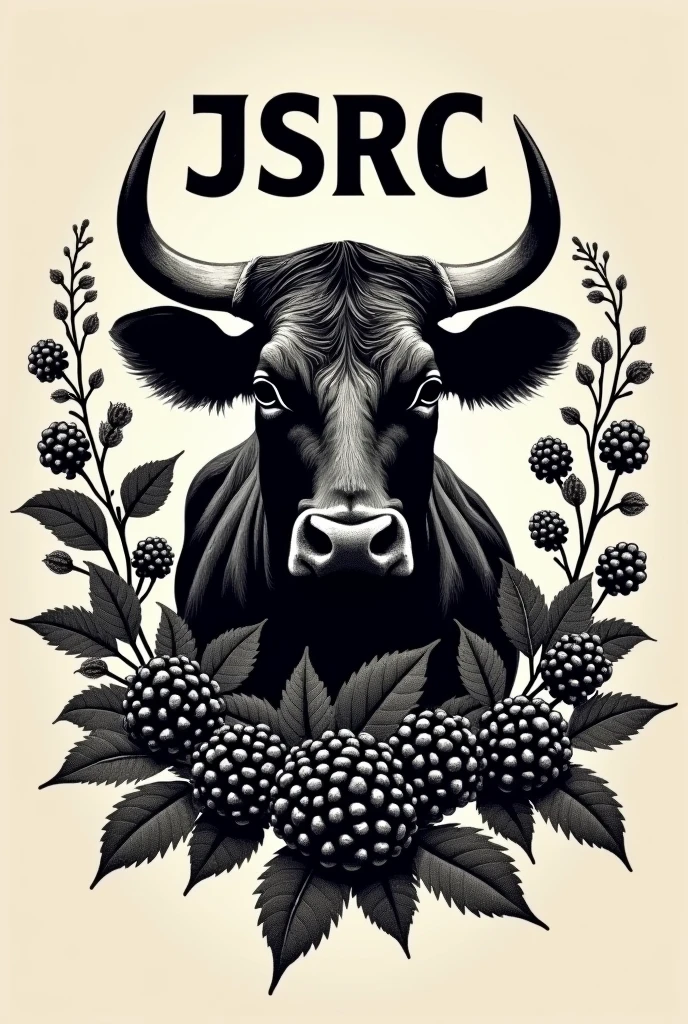 a stamp for marking cattle with the silhouette of the head of a Brahman bull, focusing on its horns, surrounded by a bush of blackberries and the word JSRC in capital letters