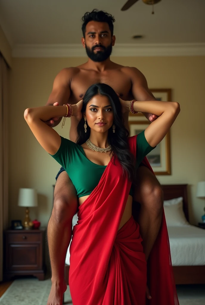 Beautiful and Slim, Sexy Indian woman in green blouse red saree lifting a large chubby man above her shoulders, man is sitting on woman's shoulders, in a bedroom with high ceiling, natural smile, woman is looking into the camera , full body image