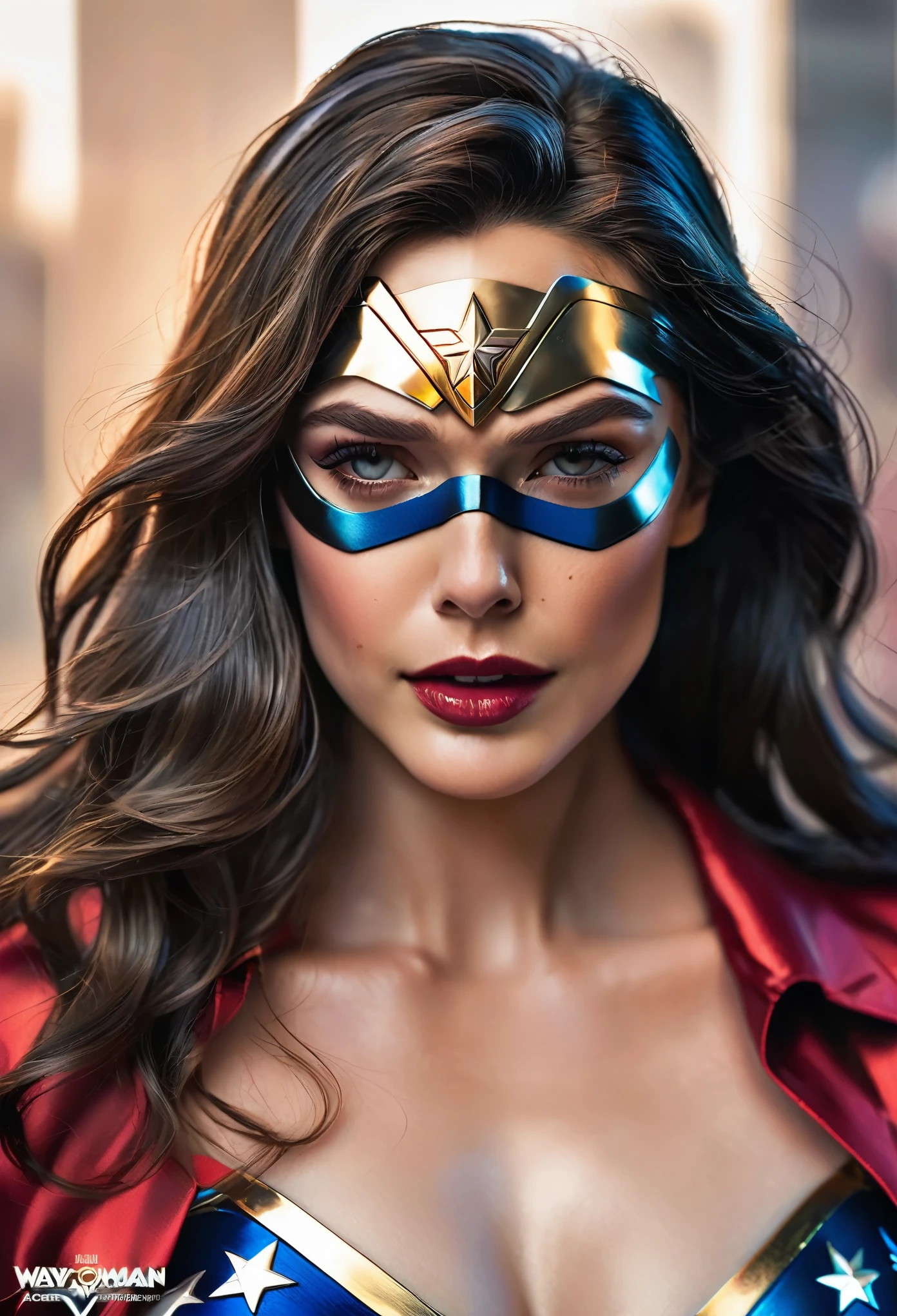 Sexy superheroine wavy Wonder Woman portrait photography by artgerm, in the style of realism, glistening skin, cartooncore, mangacore, natural lighting, Defined full lips. Muscular fitness feminine body (domino mask) (back view)
