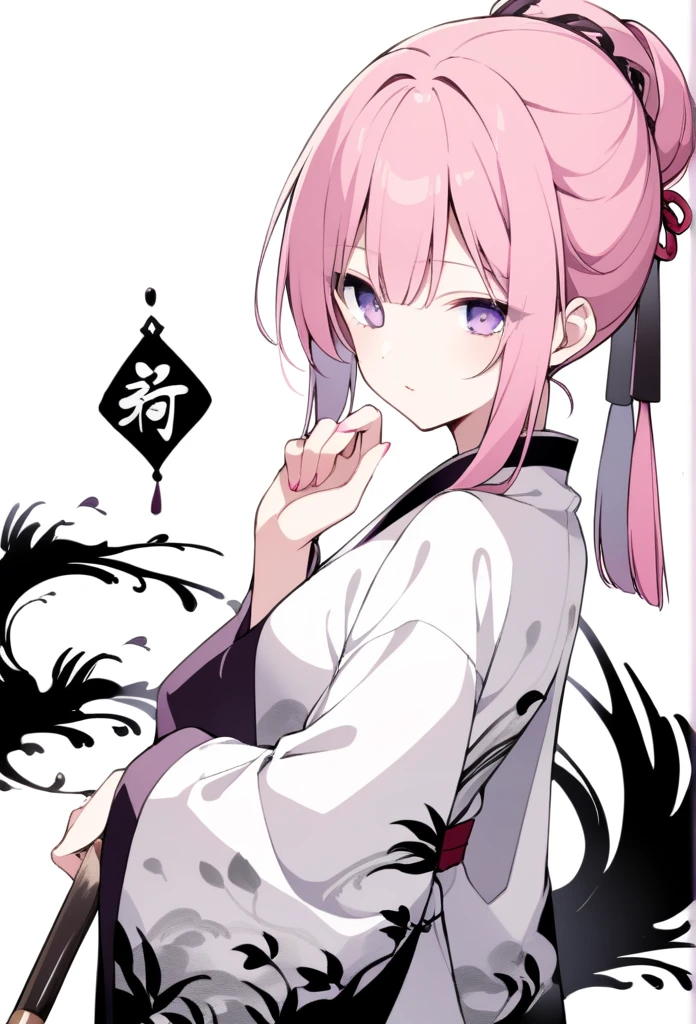 A girl, Pink Hair ,Purple Eyes, Traditional Chinese ink painting