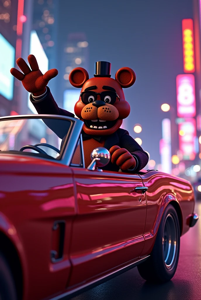 Glamrock Freddy riding in a convertible with glasses and a suit waving sideways