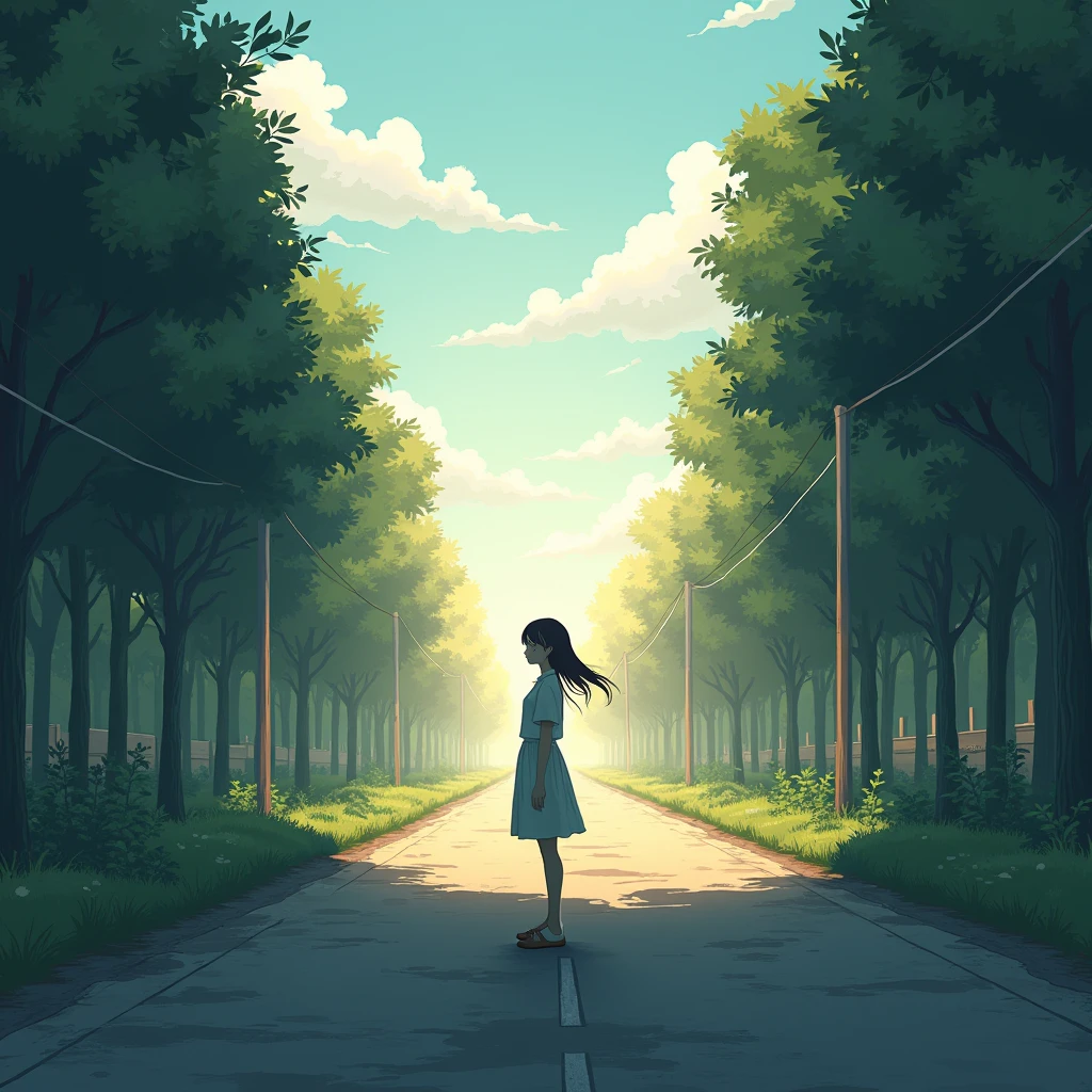 One girl, solo, High resolution, Gaze, Crossroads of Fate、ＹStand at a crossroads、The bright road to the right、The dark road to the left、High resolution, masterpiece, detail, 高いdetail, Highest quality, High-resolution model, Very detailed, Illustration, 8k octane, Anime Style, Soft Light, 