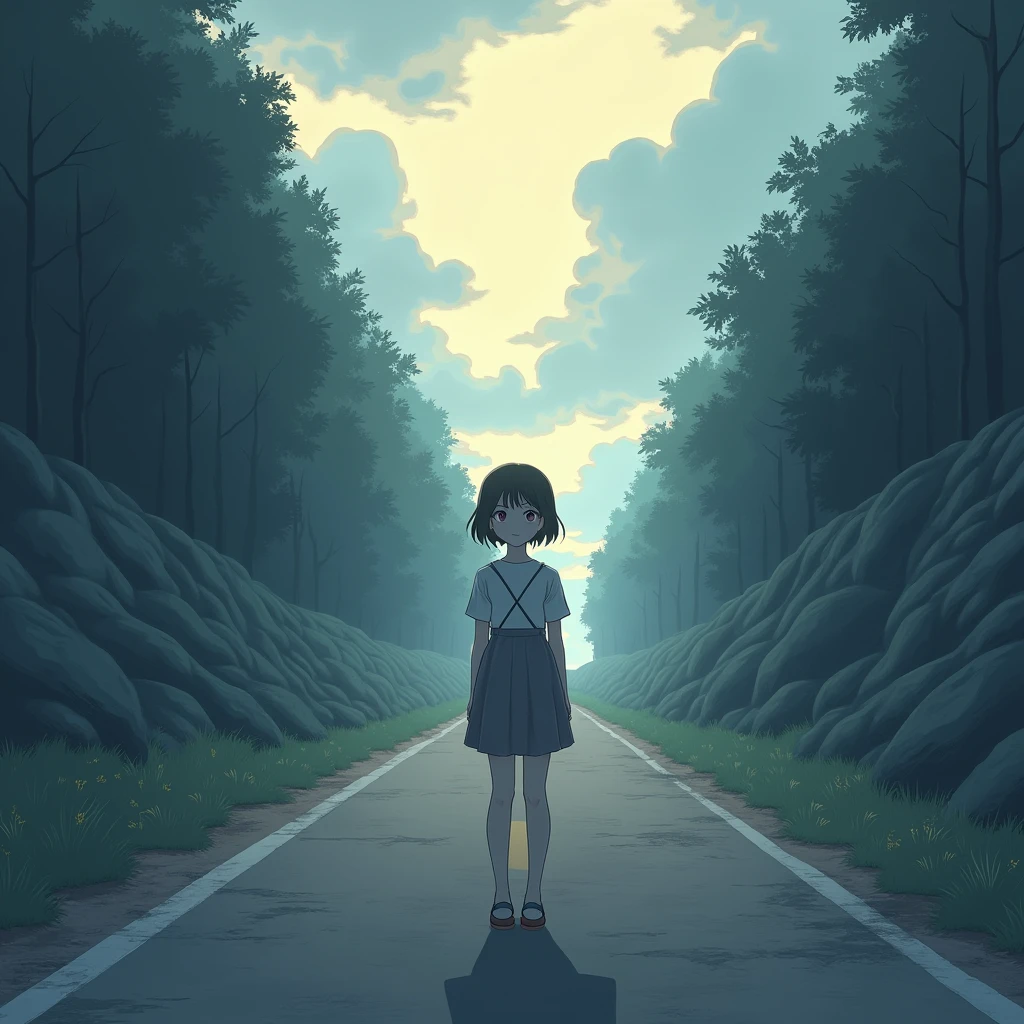 One girl, solo, High resolution, Gaze, Crossroads of Fate、YStand at a crossroads、The bright road to the right、The dark road to the left、High resolution, masterpiece, detail, 高いdetail, Highest quality, High-resolution model, Very detailed, Illustration, 8k octane, Anime Style, Soft Light,