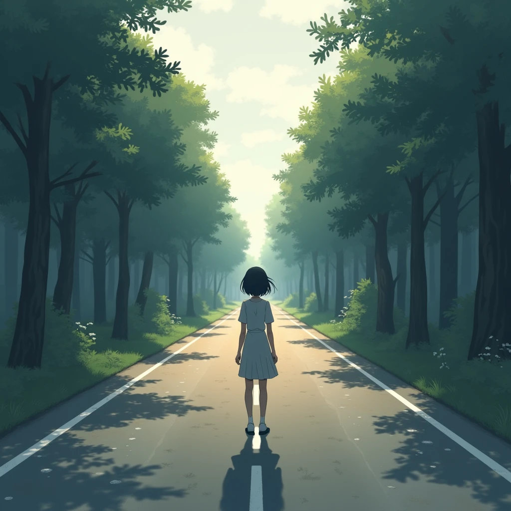 One girl, solo, High resolution, Gaze, Crossroads of Fate、ＹStand at a crossroads、The bright road to the right、The dark road to the left、High resolution, masterpiece, detail, 高いdetail, Highest quality, High-resolution model, Very detailed, Illustration, 8k octane, Anime Style, Soft Light, 