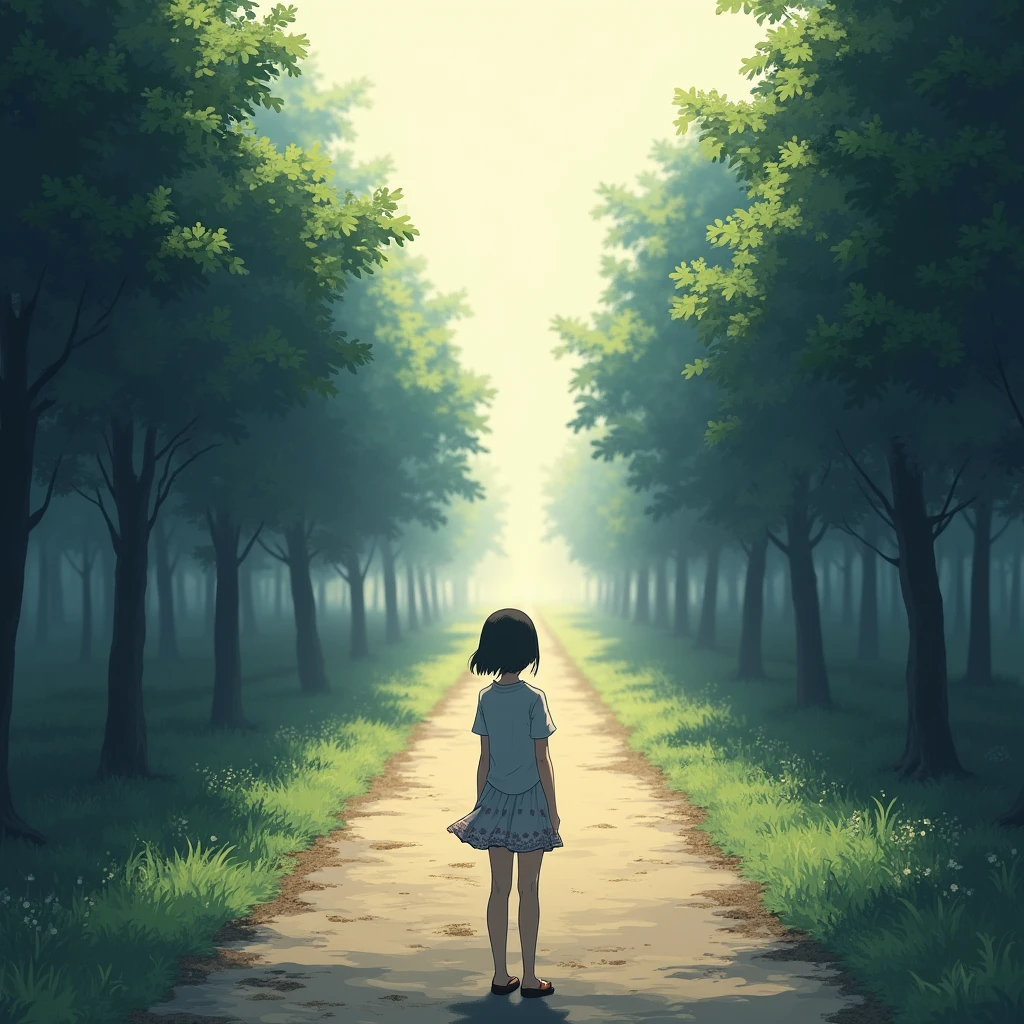 One girl, solo, High resolution, Gaze, Crossroads of Fate、ＹStand at a crossroads、The bright road to the right、The dark road to the left、High resolution, masterpiece, detail, 高いdetail, Highest quality, High-resolution model, Very detailed, Illustration, 8k octane, Anime Style, Soft Light, 
