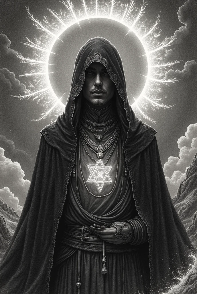 A time traveler with a Star of David necklace, that it is a drawing in the style of Engravings, that has portals and things that allude to the fact that he is a time traveler 
