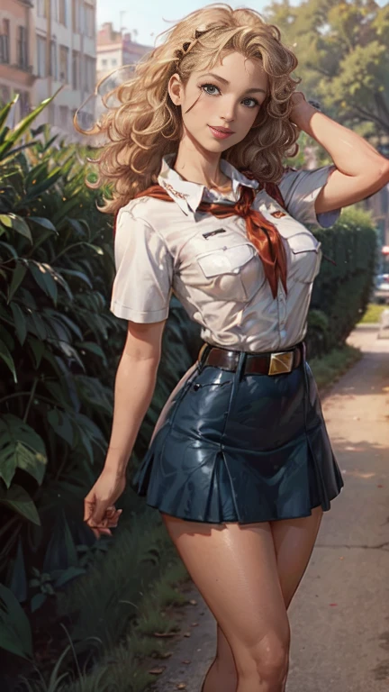 8 K, high image detail, (plump smiling lips:1.1), Look at yourself, perfect , mouth wide open, thin and graceful hands, neat palms, perfect hands, holds his hands behind his head, Neat legs, pioneer neckerchief, bang, shirt, clavicle, very tight white shirt, Short sleeves, collared shirt, eyelashes, red neckerchief, chest pocket, slender girl, Long legs, tight micro skirt, blue skirt, belt, long light hair, curly hair, Big glowing blue eyes, full body shot, Элиберк90-е