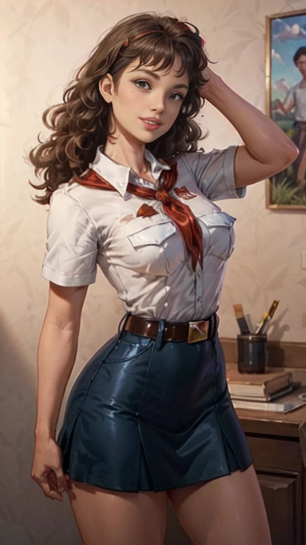 8 K, high image detail, (plump smiling lips:1.1), Look at yourself, perfect , mouth wide open, thin and graceful hands, neat palms, perfect hands, holds his hands behind his head, Neat legs, pioneer neckerchief, bang, shirt, clavicle, very tight white shirt, Short sleeves, collared shirt, eyelashes, red neckerchief, chest pocket, slender girl, Long legs, tight micro skirt, blue skirt, belt, long light hair, curly hair, Big glowing blue eyes, full body shot, Элиберк90-е