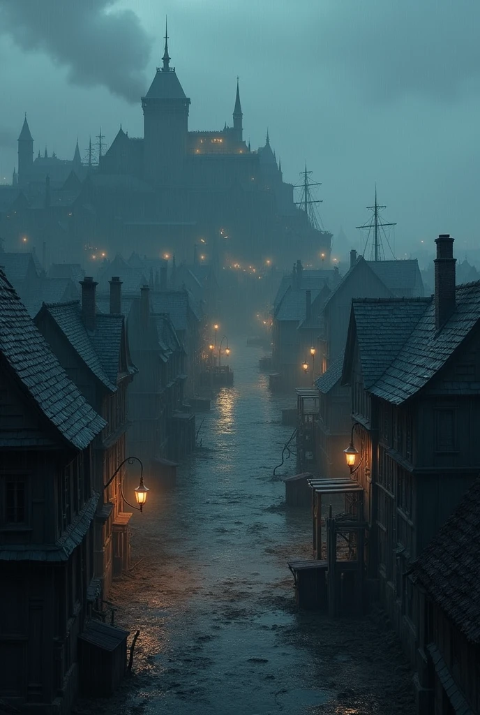 Showing a port city in a medieval fantasy setting from afar, as if it had come out of a map from Tolkien&#39;s books with a dark and decadent appearance. The city is dirty and disorganized. The city is 5 km in diameter and can be seen from afar, as if someone who was in the sea in a high place was taking a picture of her from above.
 The port is home to wooden ships in a decrepit state. The atmosphere is cold and sinister, with a light rain falling, intensifying the sense of despair. The scene is shrouded in a haze of blue-gray hues, with the wet streets reflecting the dim light of flickering lanterns. The general atmosphere is macabre and threatening., suggesting a place marked by danger and poverty. Show the city from afar, just small houses and a large central square. view from further away and showing more of the city. An image that portrays it in its entirety as if it were a map illustration taken from an RPG book
