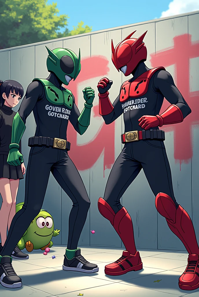 1 Japanese man,Age 23,black hairน้ำเงิน,Black short-sleeved shirt with the words Kamen Rider Gotchard Vs Kamen Rider Gavv written on it.,long blue pants,Red and blue sneakers,1 Japanese man,Age 18,black hair,เสื้อแขนสั้นสีดำเขียนว่า Kamen Rider Gotchard Vs Kamen Rider Gavv,Long school pants,Black sneakers,1 Japanese woman,Age 16,long black hair,เสื้อแขนยาวสีดำ Kamen Rider Gotchard Vs Kamen Rider Gavv,black short skirt,Black sneakers,behind,กำแพงเขียนว่า Kamen Rider Gotchard Vs Kamen Rider Gavv,Next to it, there is a grasshopper doll and some candy.