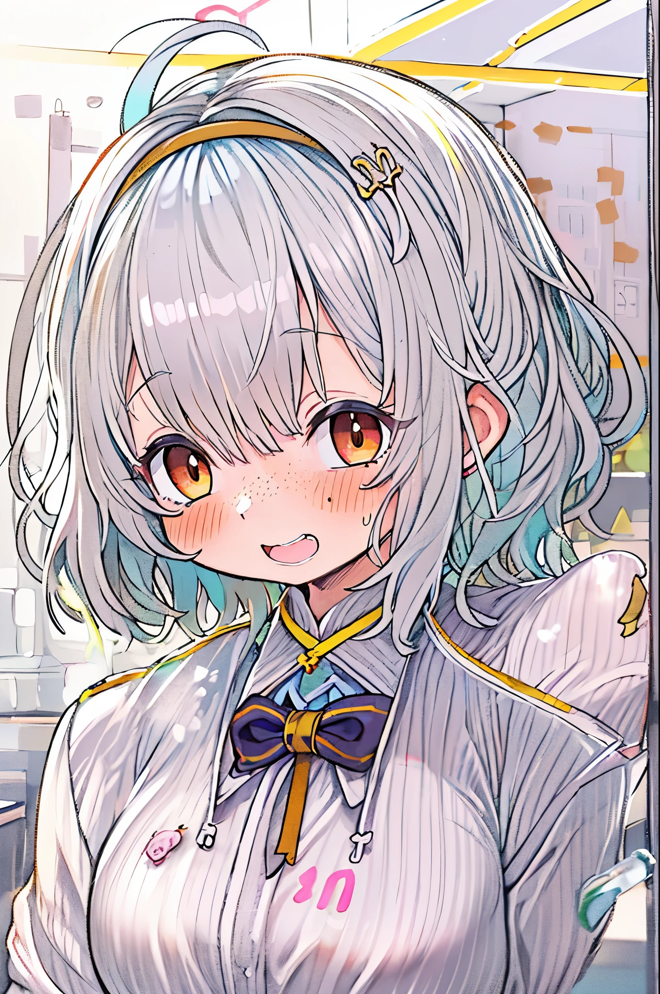 ((cute) | (Moe)| (sweet) | (Fresh)),((Main platform)|( Small Fresh meat)),((1 girl))/(Japanese School Uniform)| ((reFreshing)| (Neat)),((defect)|( freckles)),((4K)|( Ultra HD)),((Silver)|( Short Silver hair) | (Short white hair), Brown eyes, (Messy|Laughter) Hairstyle.