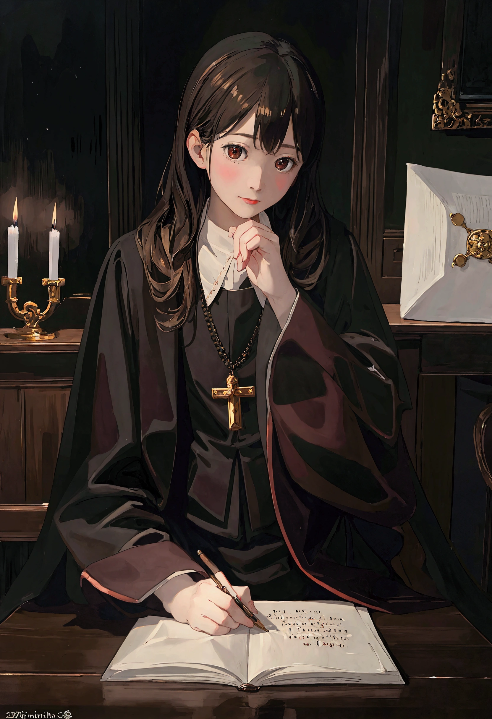 A young priest writing a letter at a desk, intricate details, ornate wooden desk, candle lit room, warm lighting, oil painting, classical art style, chiaroscuro, muted color palette, Renaissance era, high resolution, 8k, photorealistic, masterpiece