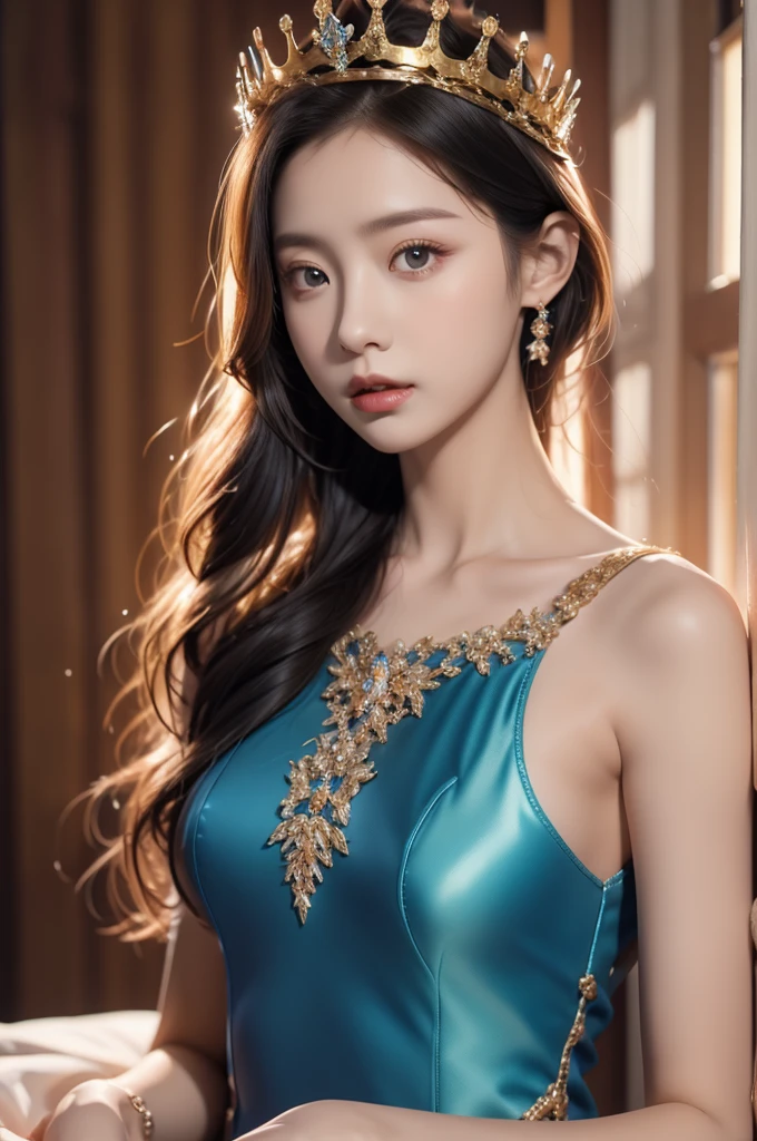 best quality, 8k, very delicate and beautiful, highly detailed face and skin texture, shiny skin, high resolution, beautiful long hair woman in blue long dress and wearing golden crown, sharp focus