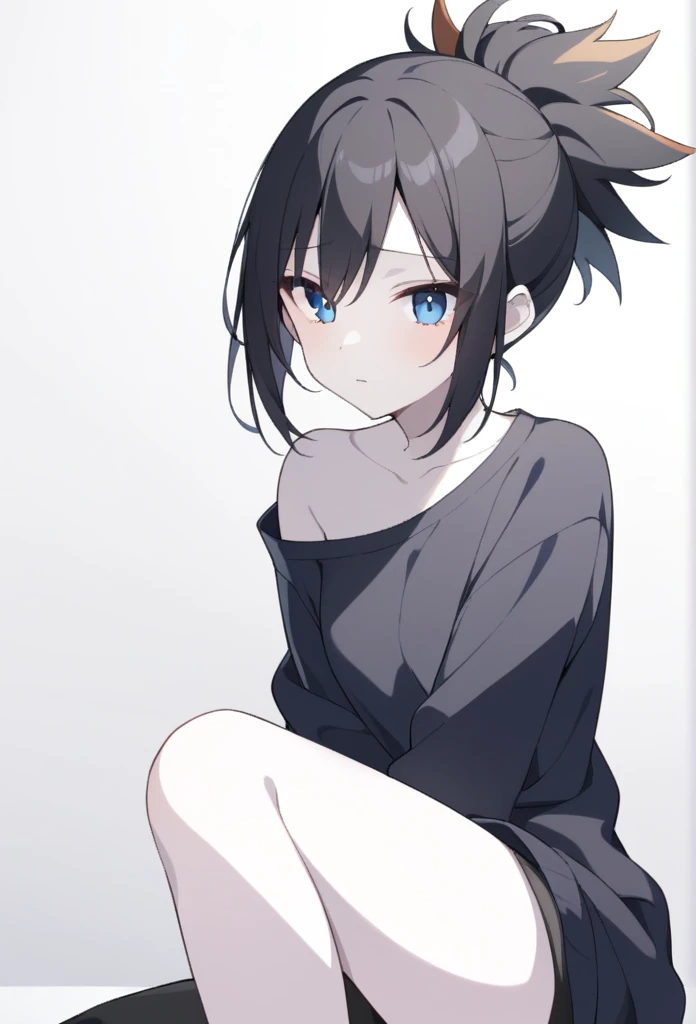 1 Girl, Solitary, masterpiece, the best_quality, photo shoot, Looking at the camera, young adult, Tired expression, Pokémon, Pokémon (game), game freak, Nintendo, (Porcelain skin), blue eyes, (Black Hair), (Messy Ponytail), Black cardigan, loose-fitting T-shirt, Black sweatpants, gen 3 Pokémon, Pokémon (biology), White skin, Specific Background, tilt 