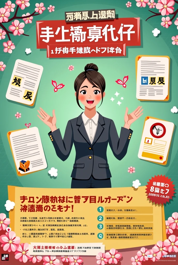 Create a poster for the Tokutei Kaigo certification exam preparation course. The main color is green., yellow and red In the middle is an enthusiastic teacher teaching the course with a 15-session schedule Decorating Japanese symbols such as kanji, cherry blossom.
Effective E-Learning Course, exam-related documents