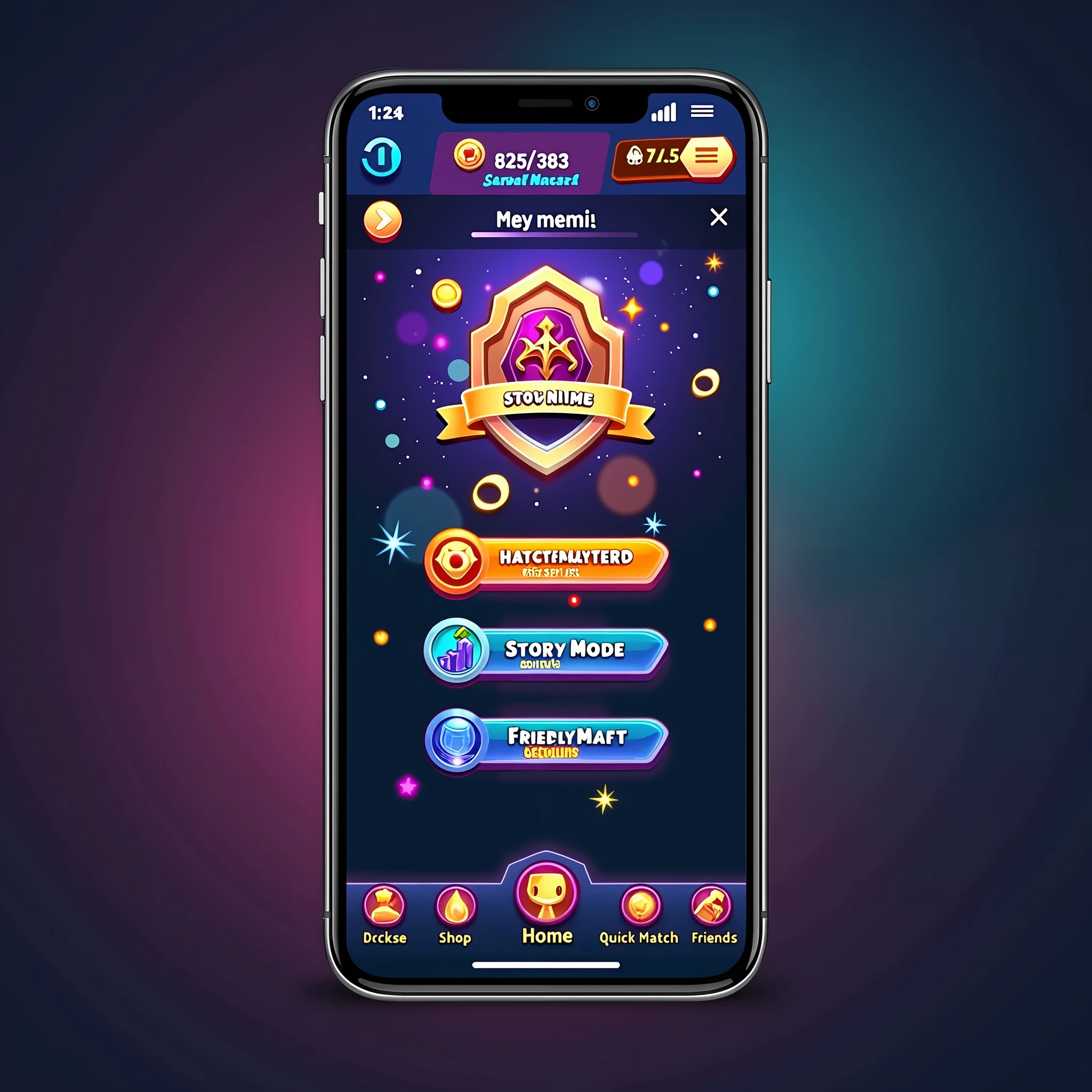 The application interface that contains the player&#39;s name, coin balance, position on the leaderboard, rating points. Below is the player menu Multiplayer, story mode, Friendly matches. At the bottom of the screen there is a quick menu with basic functions. Deck, shop, home, quick match,  Friends. Interface image in vertical design.

