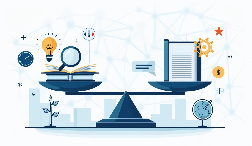 An illustration representing the evaluation criteria of Large Language Models (LLMs). Depict a metaphorical scale with objects representing different criteria balanced on it. On one side, a book with a magnifying glass symbolizes 'Accuracy', while the other side features a lightbulb symbolizing 'Creativity' and a speech bubble for 'Coherence'. The background should include a digital network pattern to represent technology, with smaller icons such as a clock for 'Speed' and a globe for 'Diversity'. The overall style should be educational and modern, with a slightly wide format for a comprehensive view.