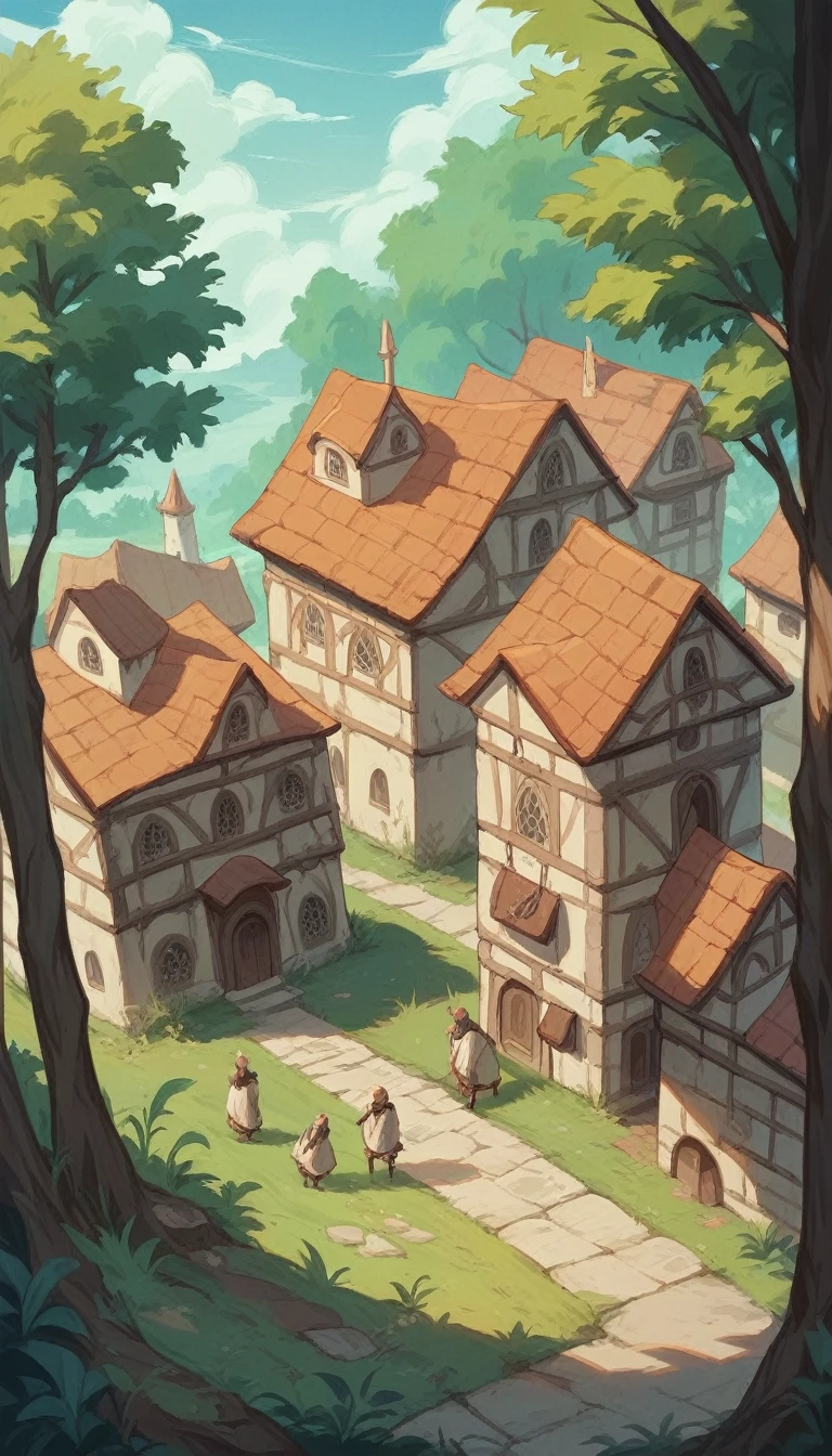 Overview of a small, deteriorated ancient medieval village, In the middle of a forest seen from above