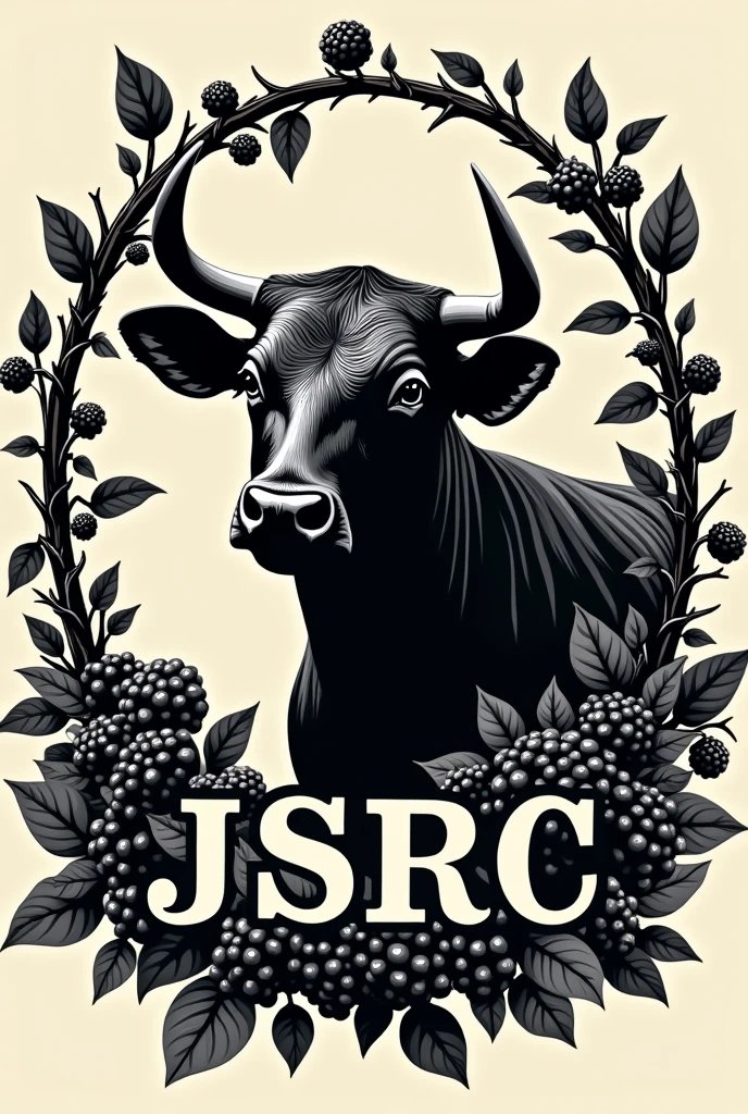 a stamp for marking cattle with the silhouette of the head of a Brahman bull, focusing on its horns, surrounded by a bush of blackberries and the word JSRC in capital letters