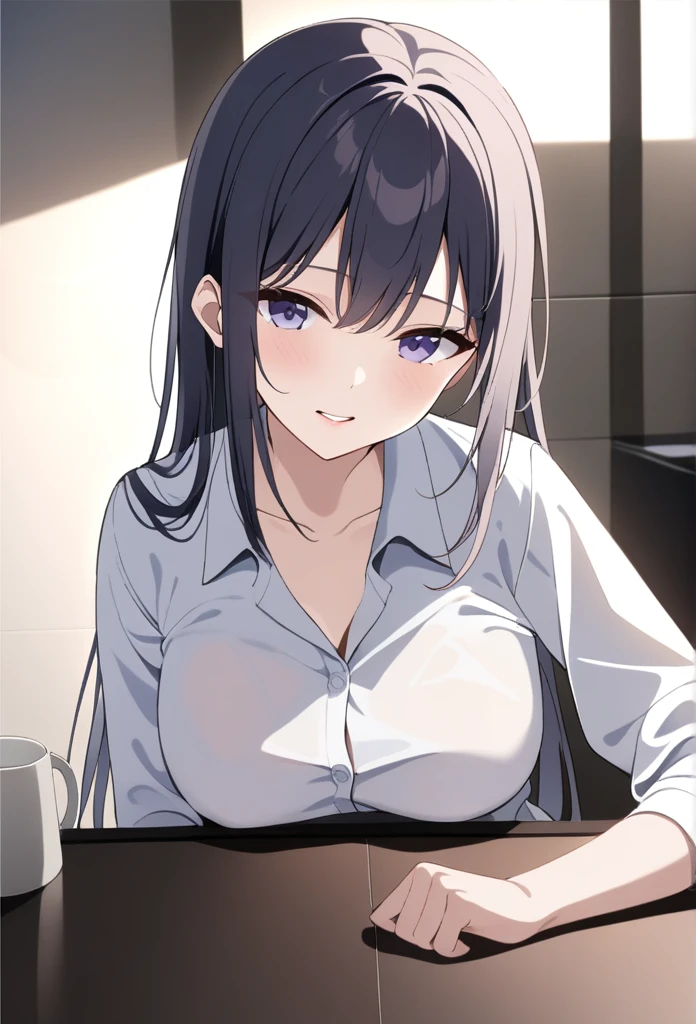 (perspective) A beautiful sexy brunette woman,Perfect 2 secretary,Straight Hair,Ponytail,Oily and silky white skin (Wet) Fleshy lips, (photoPractical:photoPractical, 8k Masterpiece), Big in tight white shirt (Highlight the chest), Sitting at a restaurant table,Cup of coffee in hand (hyperPractical: Practical, Complex environment details), With a sexy expression on his face: (Professional photography of textures and environment with pure perfect lighting).