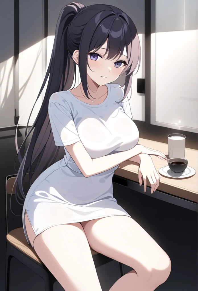 (perspective) A beautiful sexy brunette woman,Perfect 2 secretary,Straight Hair,Ponytail,Oily and silky white skin (Wet) Fleshy lips, (photoPractical:photoPractical, 8k Masterpiece), Big in tight white shirt (Highlight the chest), Sitting at a restaurant table,Cup of coffee in hand (hyperPractical: Practical, Complex environment details), With a sexy expression on his face: (Professional photography of textures and environment with pure perfect lighting).