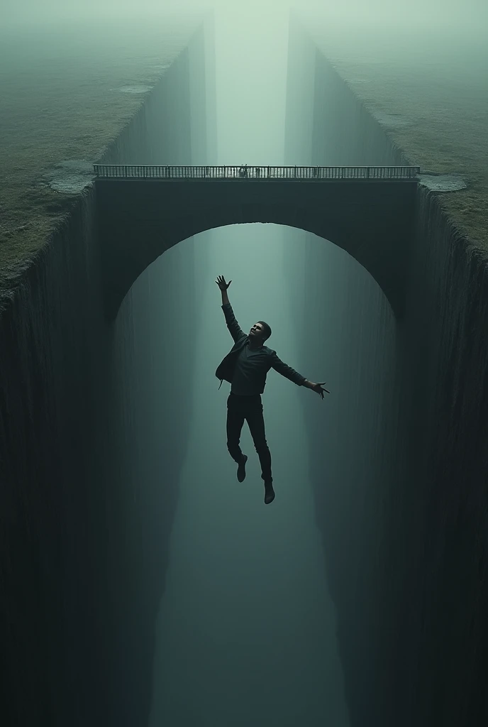 Human falling with him reaching for the bridge
