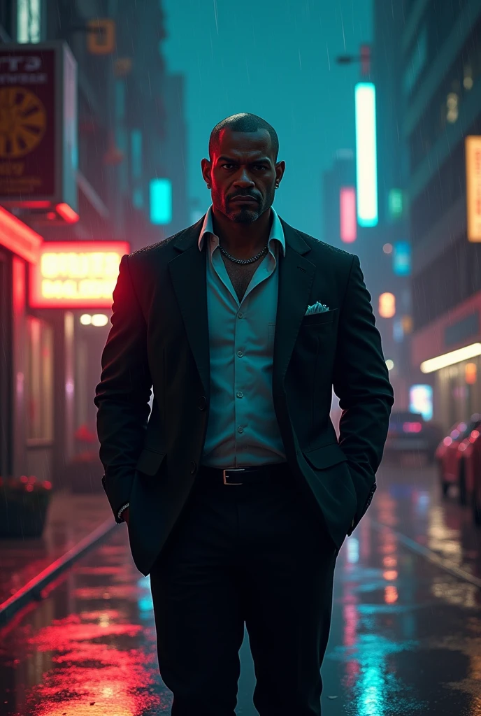 GTA STYLE,chumbo masculino,fashion accessor、dark suit, white shirt unbuttoned top, future city streets,raining night time, retro artstyle,shadows and highlights,hight contrast,crime and danger、Tension and suspense、Reflections on the avant-garde and the low ebb、Shady、evocative composition。(Best quality at best,4K,8K,A high resolution,tmasterpiece:1.2),ultra - detailed,(actual,realisticlying,Photorealistic:1.37)