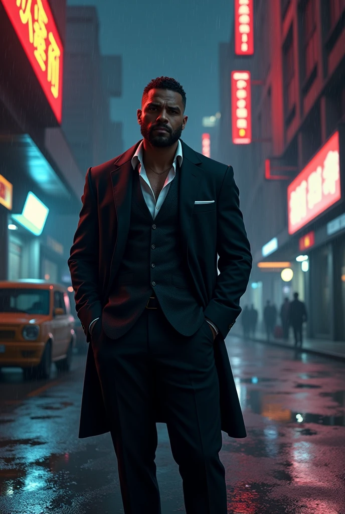 GTA STYLE,chumbo masculino,fashion accessor、dark suit, white shirt unbuttoned top, future city streets,raining night time, retro artstyle,shadows and highlights,hight contrast,crime and danger、Tension and suspense、Reflections on the avant-garde and the low ebb、Shady、evocative composition。(Best quality at best,4K,8K,A high resolution,tmasterpiece:1.2),ultra - detailed,(actual,realisticlying,Photorealistic:1.37)