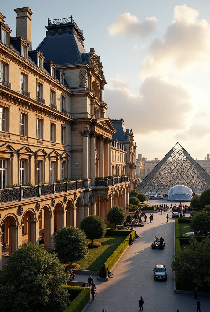 Create an image of a hotel with a view of the Louvre