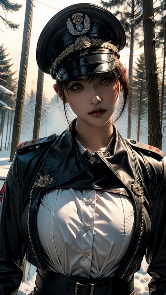 ((Beautiful Face:1.0)),((Upper Body:1.4)),beautiful ((similar)) Lilith Building posing in (Dynamic pose) As a dieselpunk army officer in World War II, Wearing a black leather uniform 、Wearing a leather military cap, Reference Photo, 最high quality, high quality, (Detailed face and eyes), dusk lighting, industrial use, outdoor snow forest background ((close))