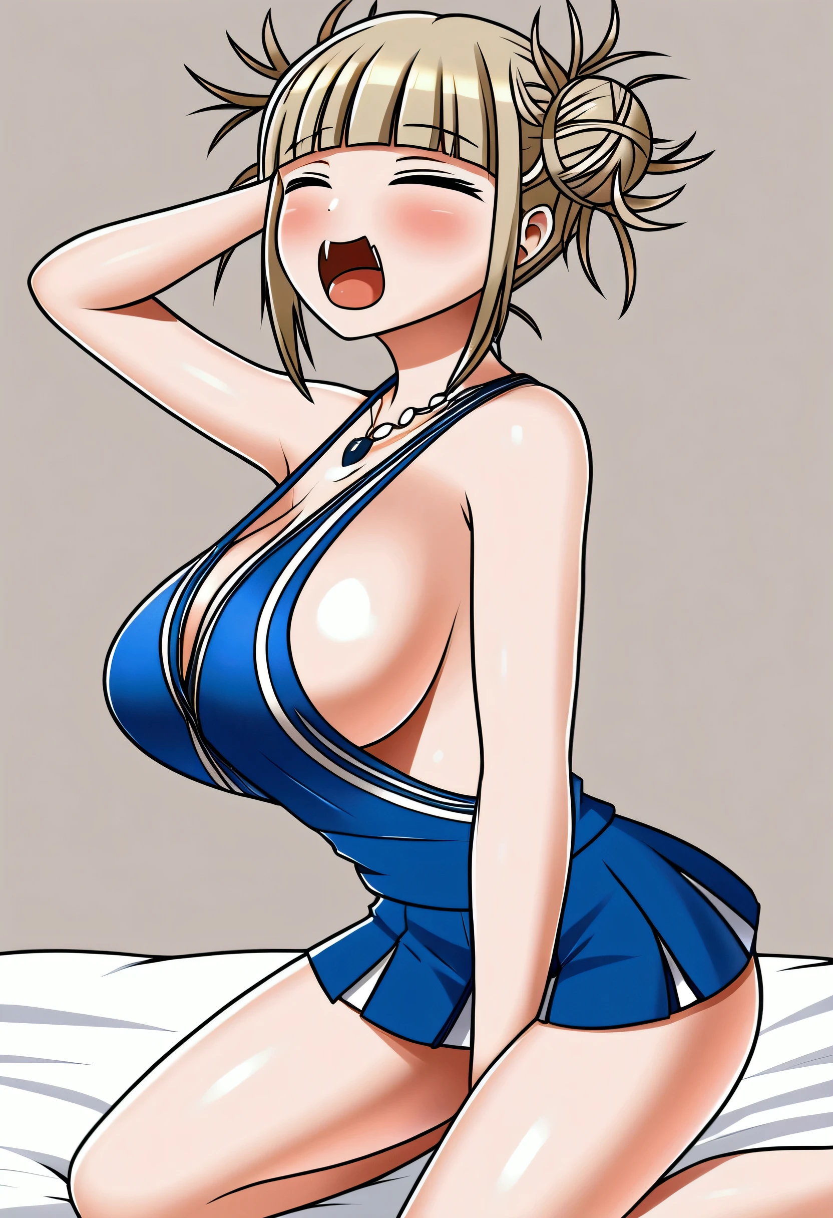 cheerleader , yawning with eyes closed , bun hair style , wearing necklace, on bed, kneeling with butts up, himiko toga, perfect breasts, sideboob, cleavage,