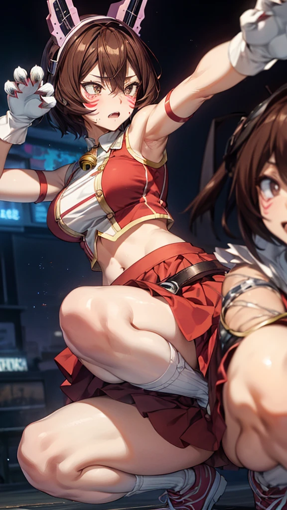 Female face,vapor,Squat,Spread your legs,Big Ass,Voyeur,Cowboy Shot,shinososaki, Shino sosaki, short hair, Brown Hair, Armpit,Steamy,Sweat,Large Breasts,Submission pose,Animal ears, Hair between the eyes, (Brown eyes), headgear, Facial blemishes, Face Paint,gloves, belly button, No sleeve, abdomen, Bell, Red Skirt, neck Bell,((Animal Hands)),((Claw Pose)),(squat,Kneel),masterpiece,Noise Reduction,Perfect Anatomy,High resolution, Very detailed, Very detailed face,Game CG,Dutch Angle ,Beautiful attention to detail,Visual Arts,Five Fingers, Perfect hands, Perfect lighting, Sparkling Eyes,