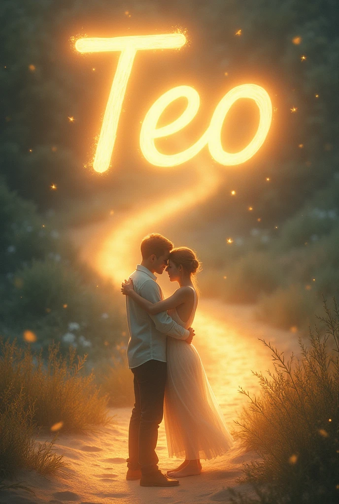 Make an image with the word TEO , something radiant, of a path, a hug, from a friend