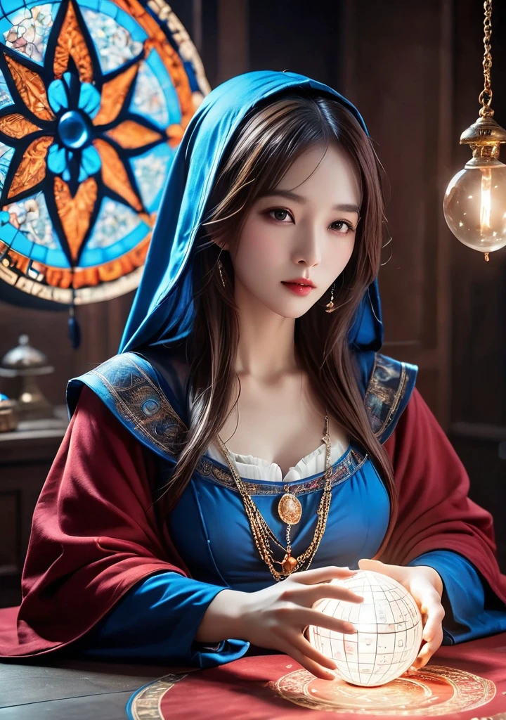 Overall body orientation: frontal. Female fortune teller. Charming, beautiful and mysterious. She wears a blue cloak over her head and has a clear face. The background is bright and glittering. The atmosphere is full of anxiety and anticipation. The fortuneteller is standing. He holds a crystal ball in each hand. The lighting in the room is bright, creating a fantastic atmosphere. Top image quality, 4K or 8K resolution. The level of detail is very fine and photorealistic. Artistic style should reflect the aesthetic of the formula with bright colors and strong contrasts. The color palette should emphasize the mysterious and mystical theme of the piece. The fortune teller's cloak is decorated with metal trim and intricate designs, with a thickness ratio of 1.5 The overall mood is stellar and fantastical. The fortune teller's expression should evoke mystical interest. There is no one there but the fortune teller.