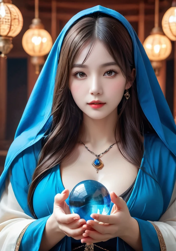 Overall body orientation: frontal. Female fortune teller. Charming, beautiful and mysterious. She wears a blue cloak over her head and has a clear face. The background is bright and glittering. The atmosphere is full of anxiety and anticipation. The fortuneteller is standing. He holds a crystal ball in each hand. The lighting in the room is bright, creating a fantastic atmosphere. Top image quality, 4K or 8K resolution. The level of detail is very fine and photorealistic. Artistic style should reflect the aesthetic of the formula with bright colors and strong contrasts. The color palette should emphasize the mysterious and mystical theme of the piece. The fortune teller's cloak is decorated with metal trim and intricate designs, with a thickness ratio of 1.5 The overall mood is stellar and fantastical. The fortune teller's expression should evoke mystical interest. There is no one there but the fortune teller.