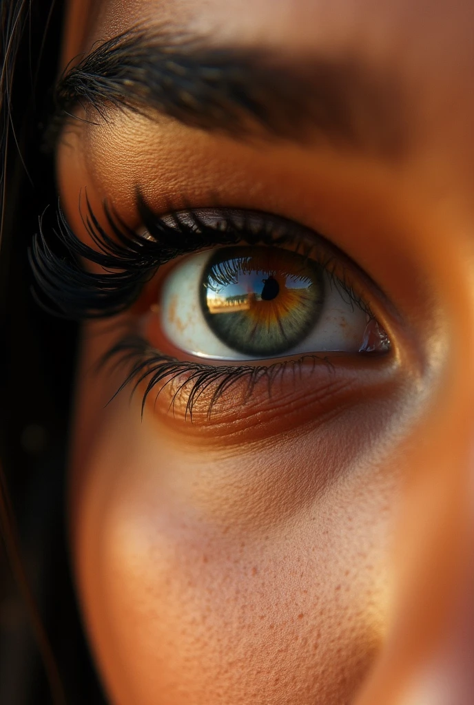 An eye with strong colors of smooth brown skin, young skin, very well defined eyelashes, well filled eyebrows for artistic album cover