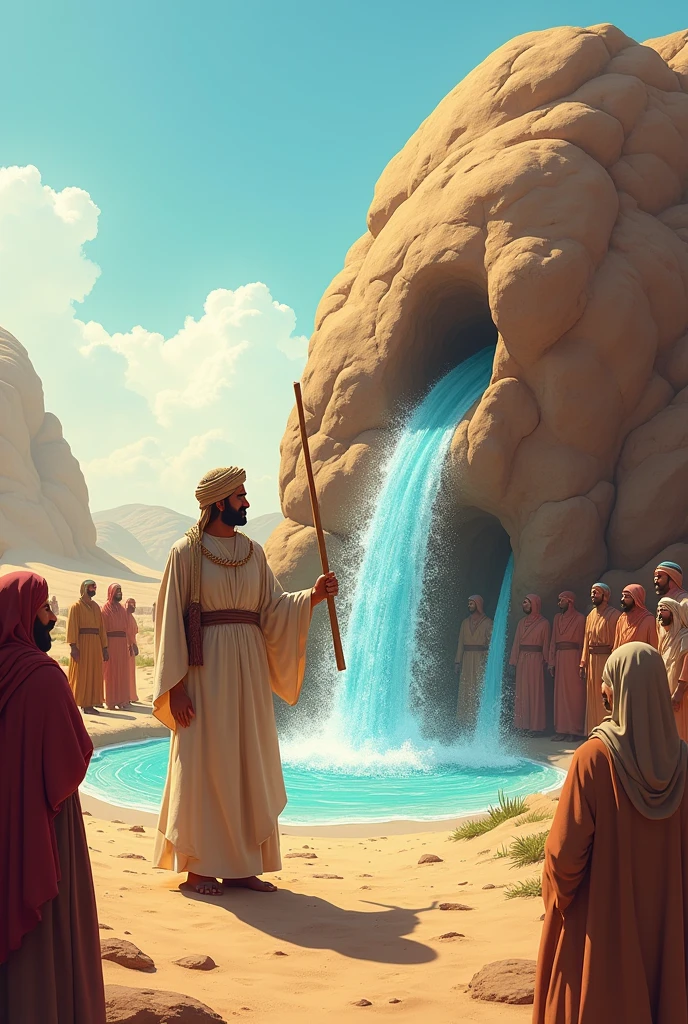 An ancient desert setting with a large rock in the center. Prophet Musa (Moses) in a traditional Middle Eastern robe and headscarf, holding a wooden staff. As he strikes the rock with the staff, twelve streams of clear, sparkling water burst forth from the rock, flowing in different directions. Around him, a group of people, each from a different tribe, eagerly gathering around the streams with a look of amazement and gratitude on their faces. The sky is clear with a bright sun shining down, and the surrounding landscape has sparse vegetation and distant mountains."
