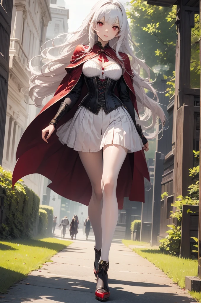 Girl, so beautiful,beauty, Red Eyes, Western clothing, White clothes, Red Cape, Holding a sword, Silver Hair,Long Hair, whole body, shoes, Simple Background、View from the front、 so beautiful, One person, cute, Long sword、mini skirt、Two Legs,Facing forward,Are standing,Well-formed face、corset、Decorative clothing、Highly detailed face、Perfect lighting、Extremely detailed CG、(Perfect hands、Perfect Anatomy)、Dynamic pose、