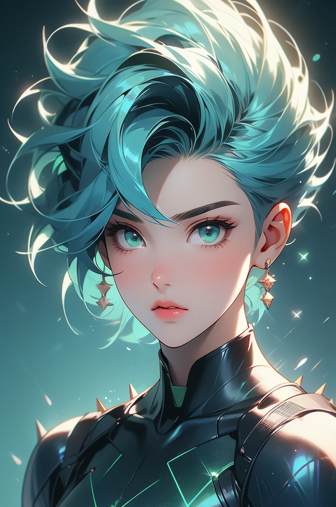 1 girl, Short, spiky hair with iridescent blue-green highlights, bright hazel eyes, athletic build, firm assets